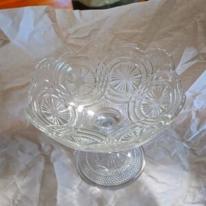 Antique New Martinsville #713 pressed glass compote PLEATED MEDALLION c.1908+